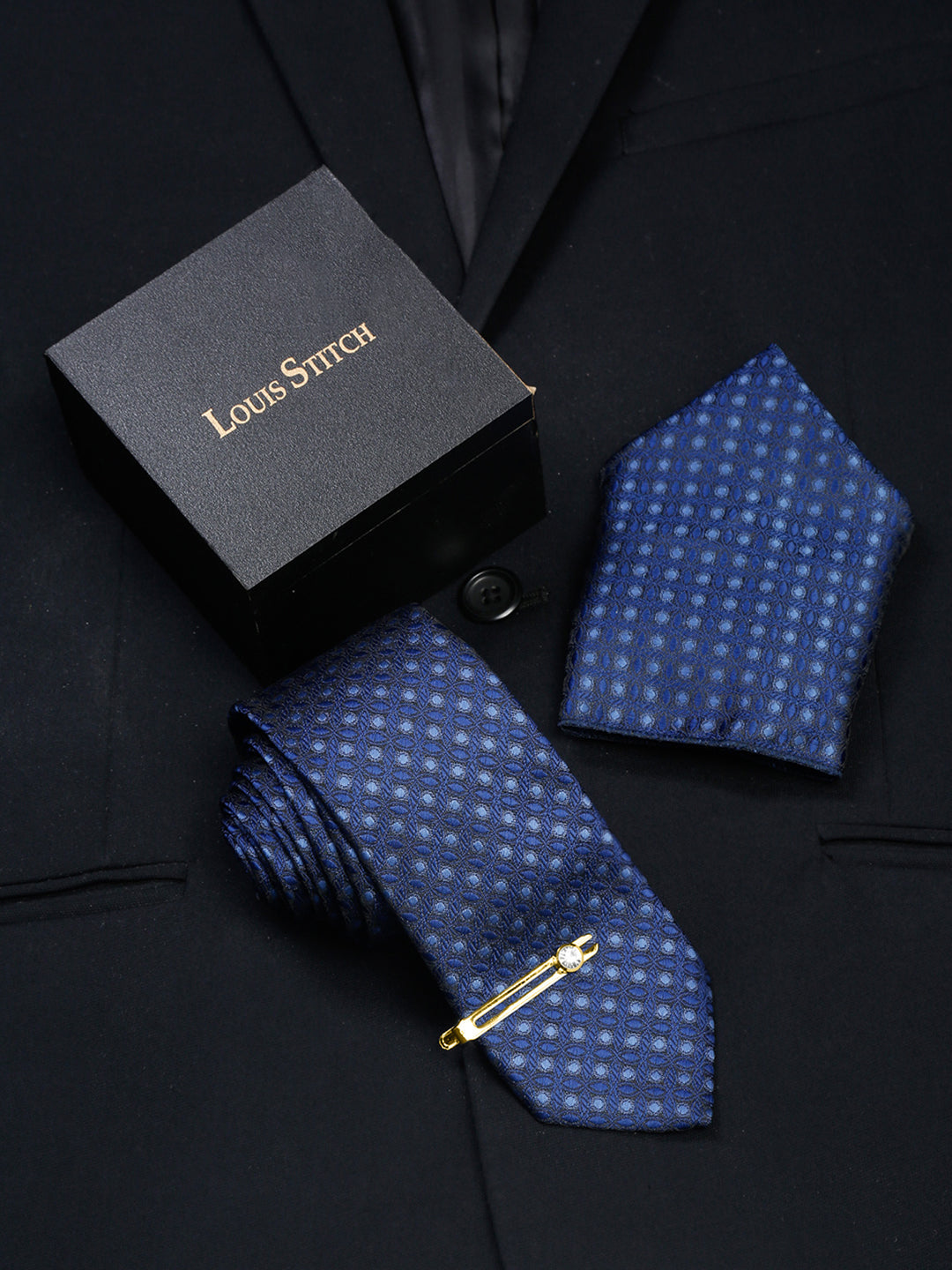 Admiral Blue Italian Silk Necktie Set Pocket Square Golden Tiepin