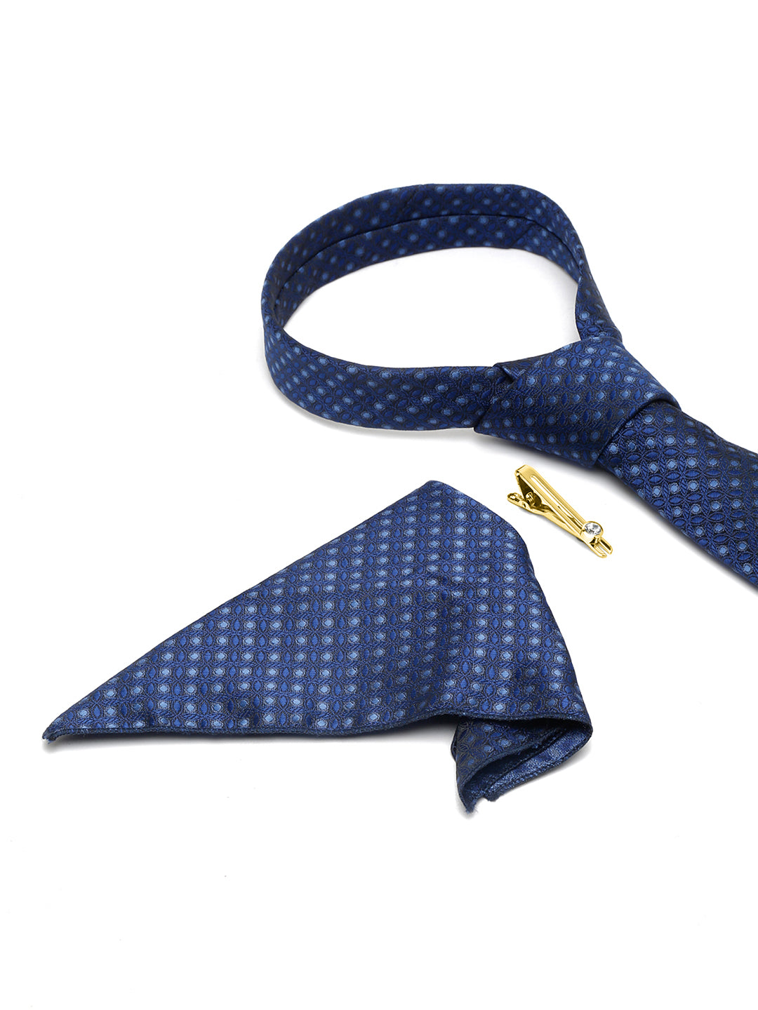 Admiral Blue Italian Silk Necktie Set Pocket Square Golden Tiepin