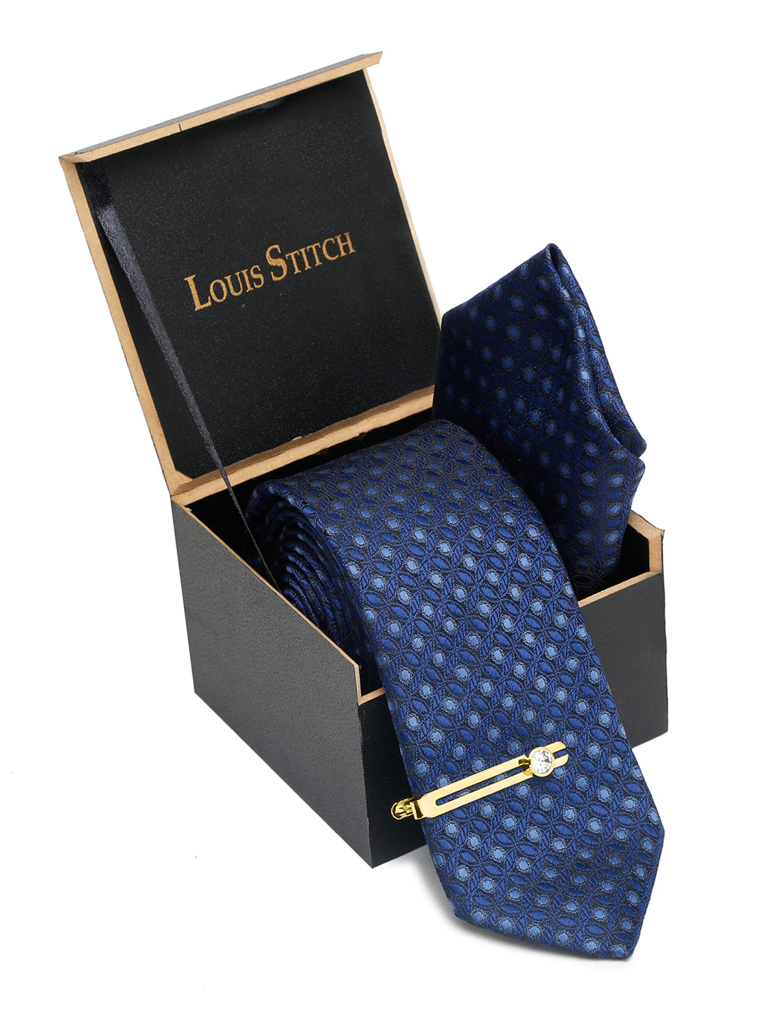 Admiral Blue Italian Silk Necktie Set Pocket Square Golden Tiepin