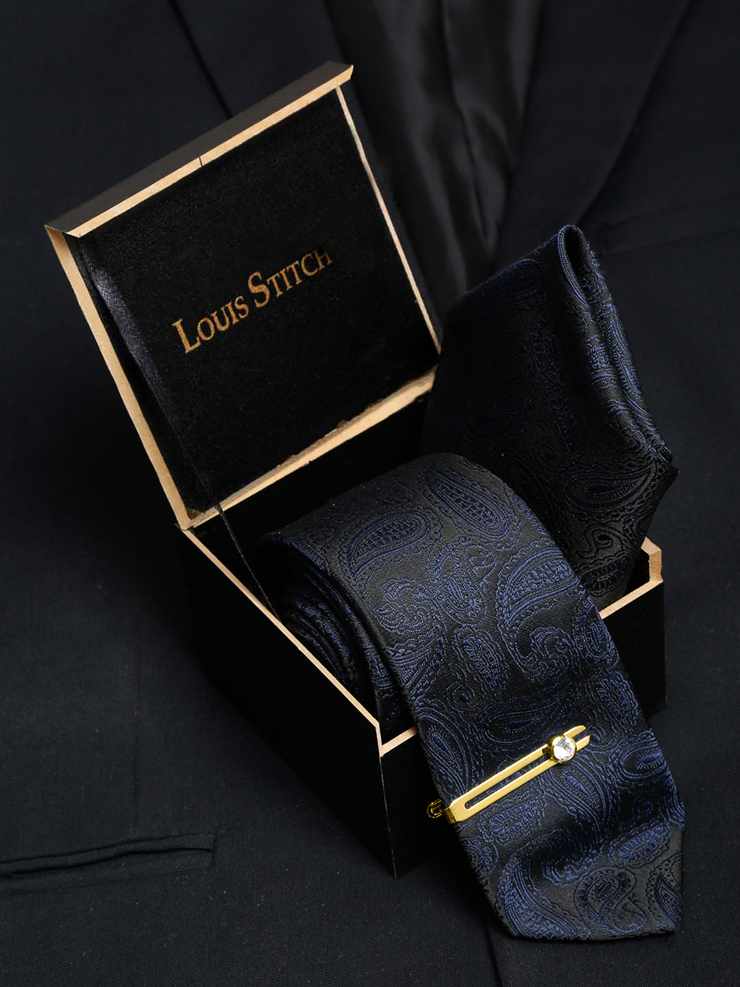 Space Blue Italian Silk Necktie Set Pocket Square Golden Tiepin
