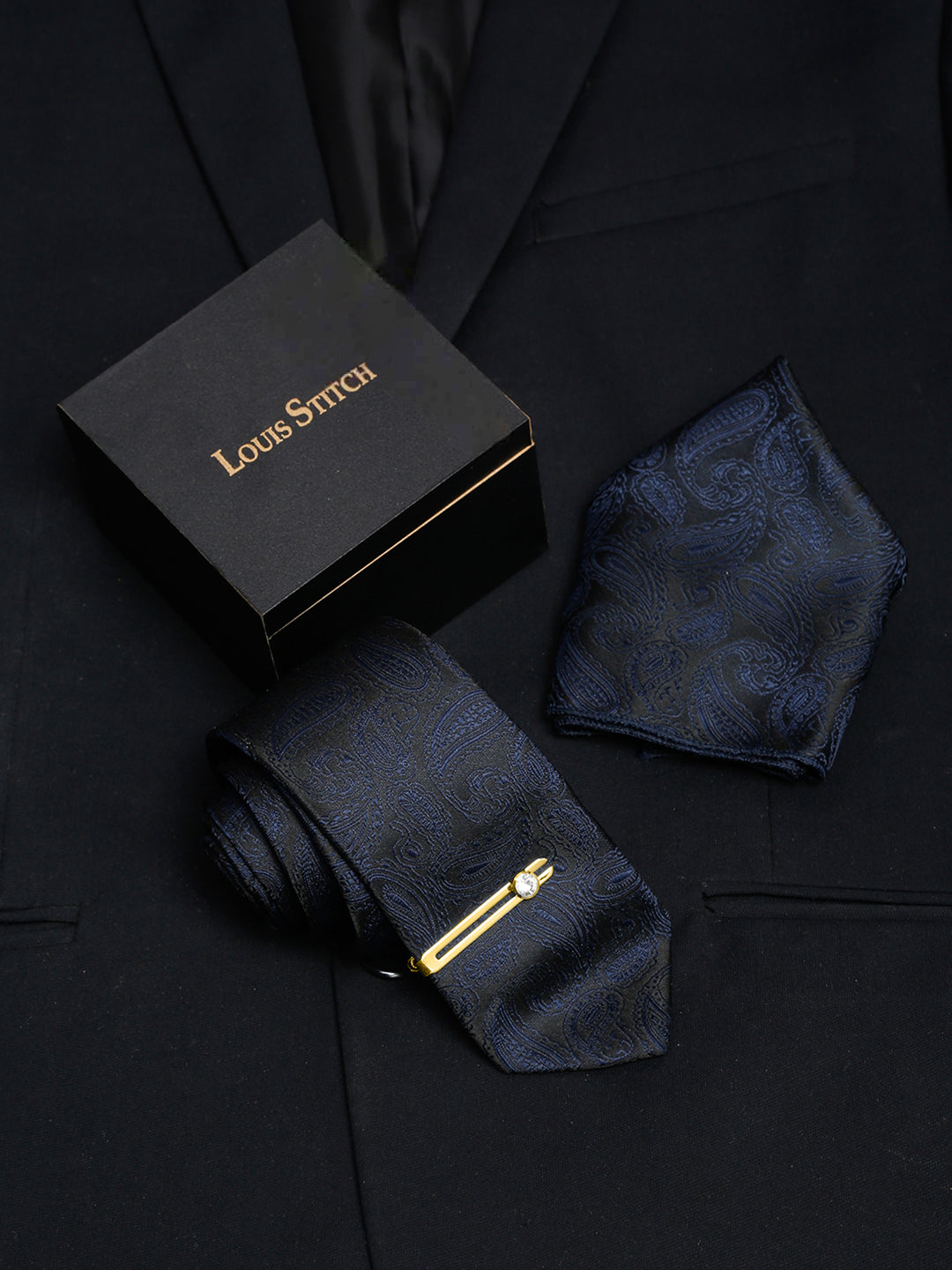 Space Blue Italian Silk Necktie Set Pocket Square Golden Tiepin