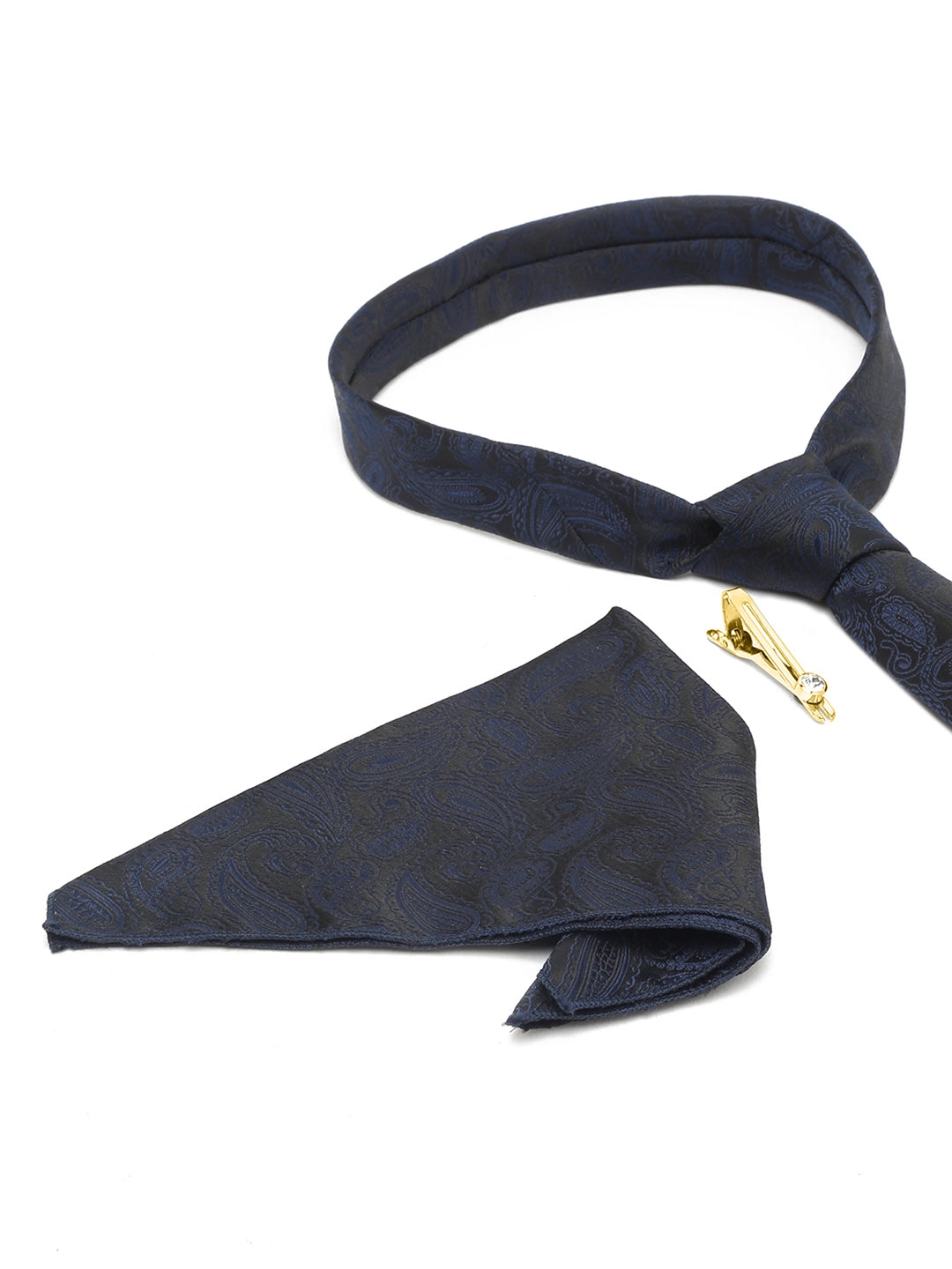 Space Blue Italian Silk Necktie Set Pocket Square Golden Tiepin