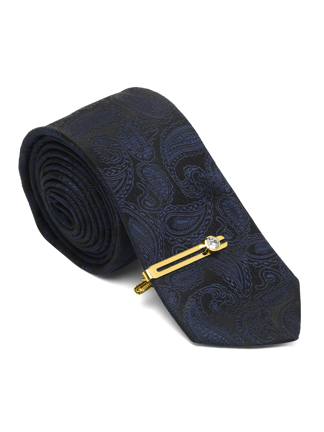 Space Blue Italian Silk Necktie Set Pocket Square Golden Tiepin