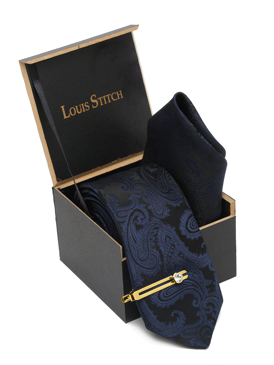 Space Blue Italian Silk Necktie Set Pocket Square Golden Tiepin