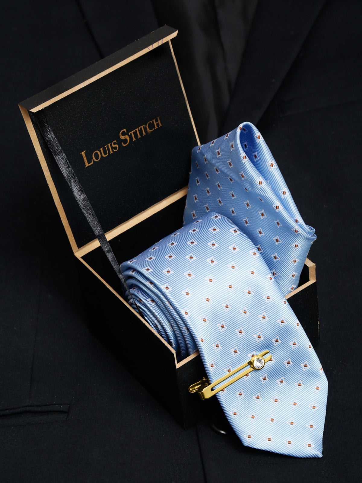 Baby Blue Italian Silk Necktie Set Pocket Square Golden Tiepin