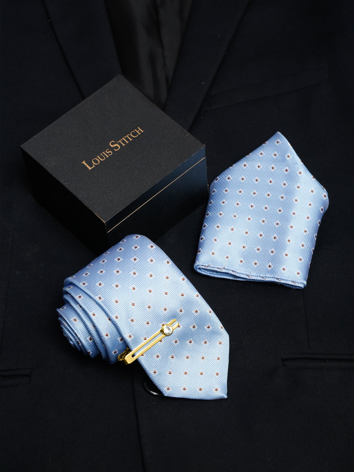 Baby Blue Italian Silk Necktie Set Pocket Square Golden Tiepin