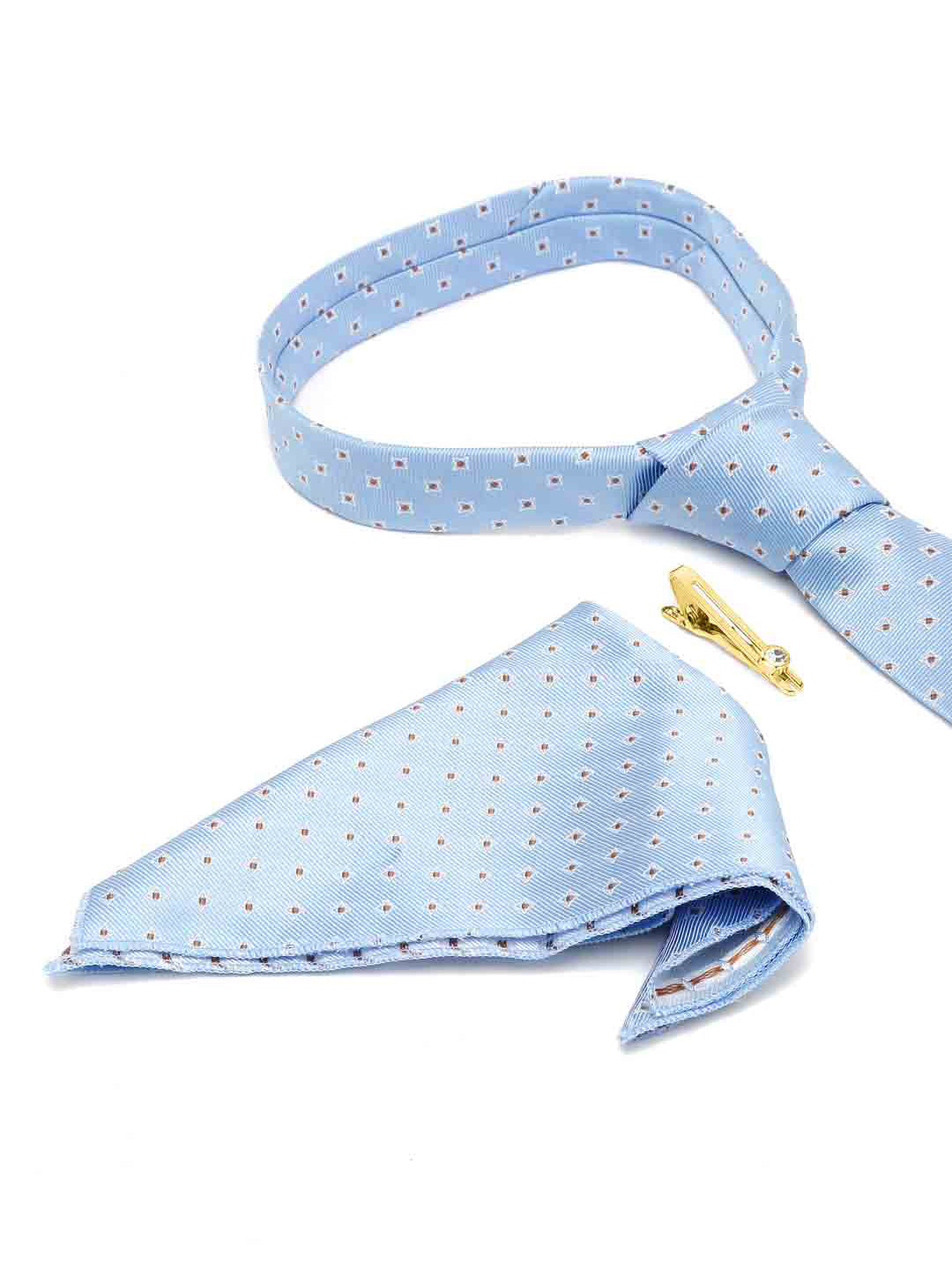 Baby Blue Italian Silk Necktie Set Pocket Square Golden Tiepin