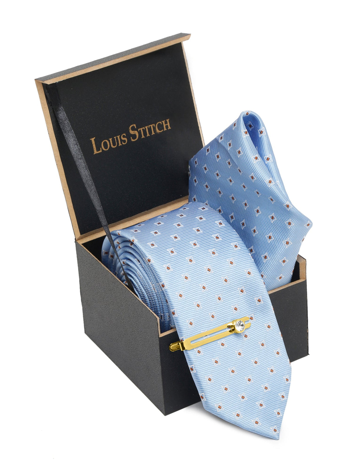 Baby Blue Italian Silk Necktie Set Pocket Square Golden Tiepin