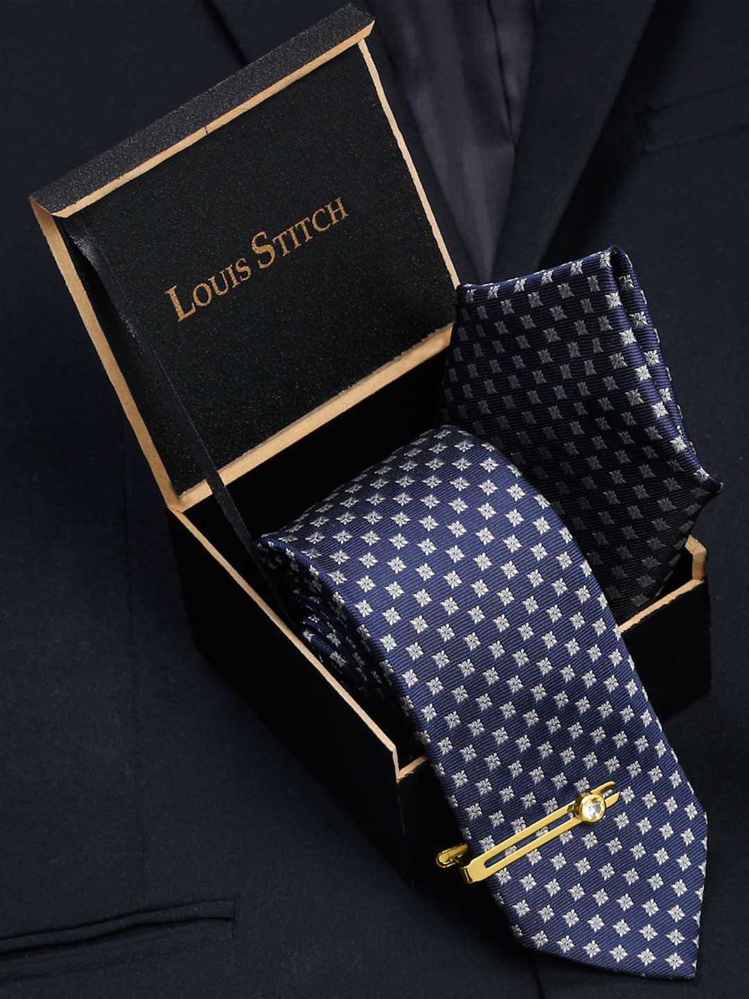 Aegean Blue Italian Silk Necktie Set Pocket Square Golden Tiepin