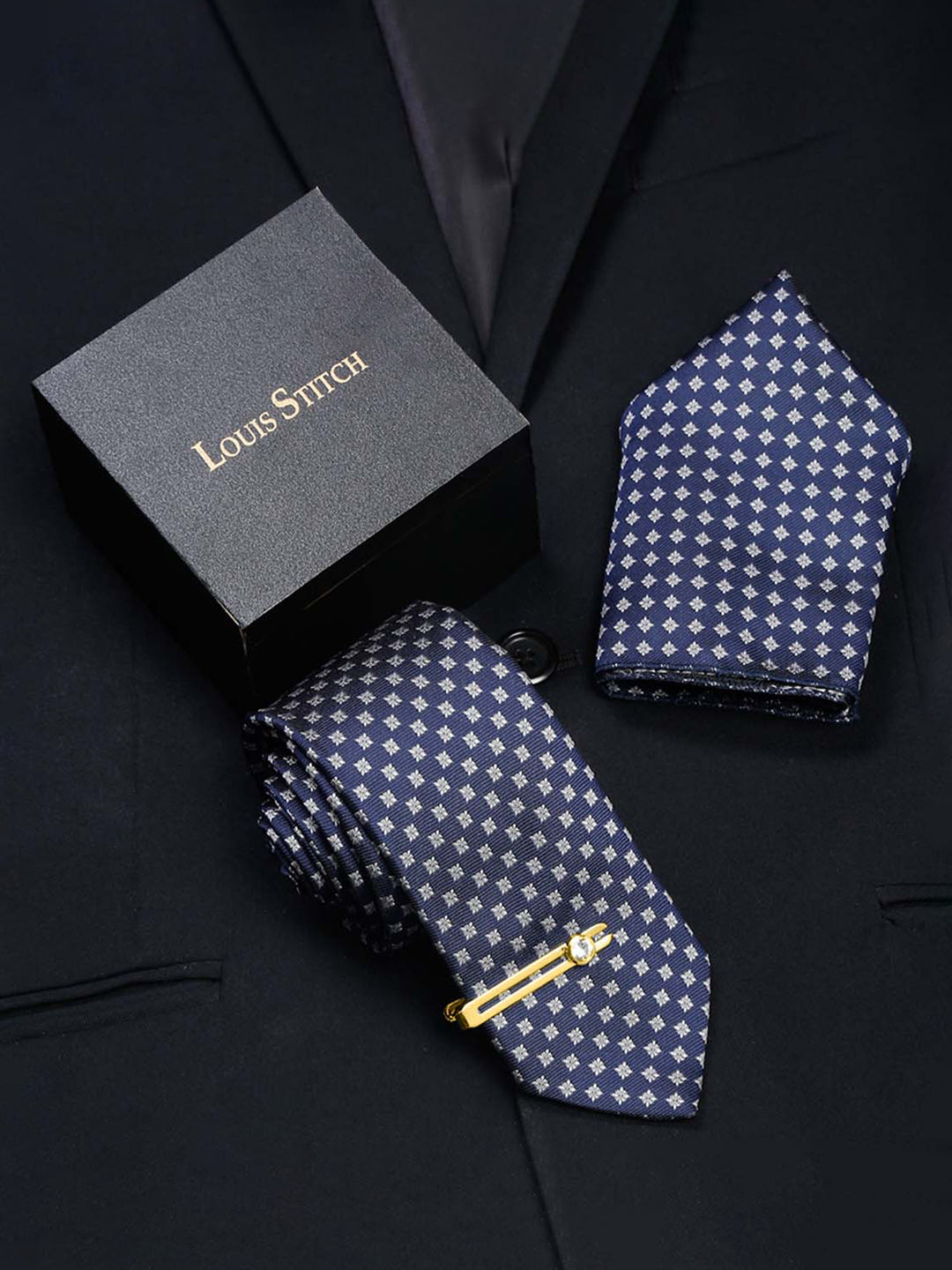Aegean Blue Italian Silk Necktie Set Pocket Square Golden Tiepin