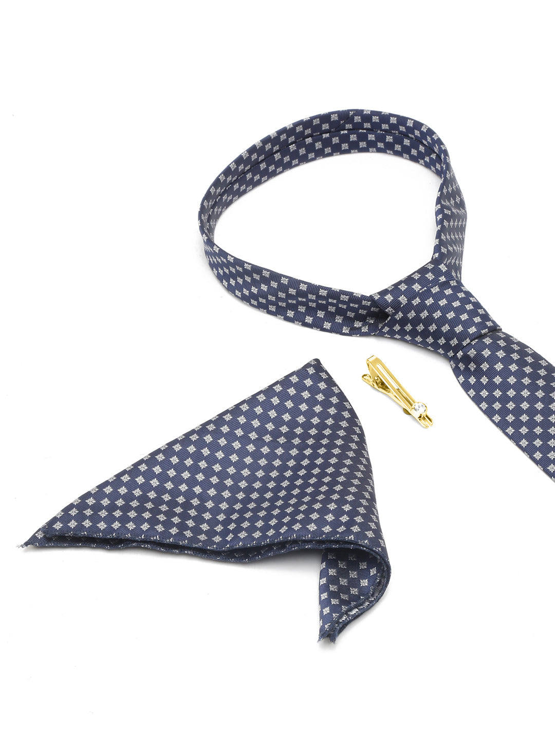 Aegean Blue Italian Silk Necktie Set Pocket Square Golden Tiepin