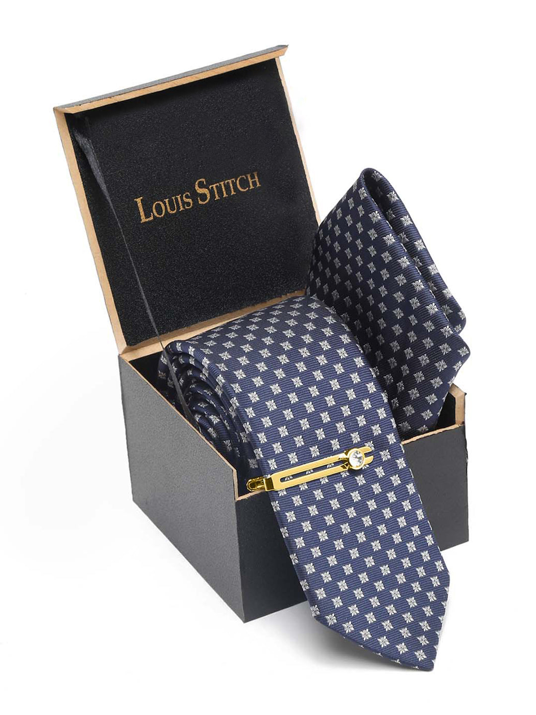 Aegean Blue Italian Silk Necktie Set Pocket Square Golden Tiepin