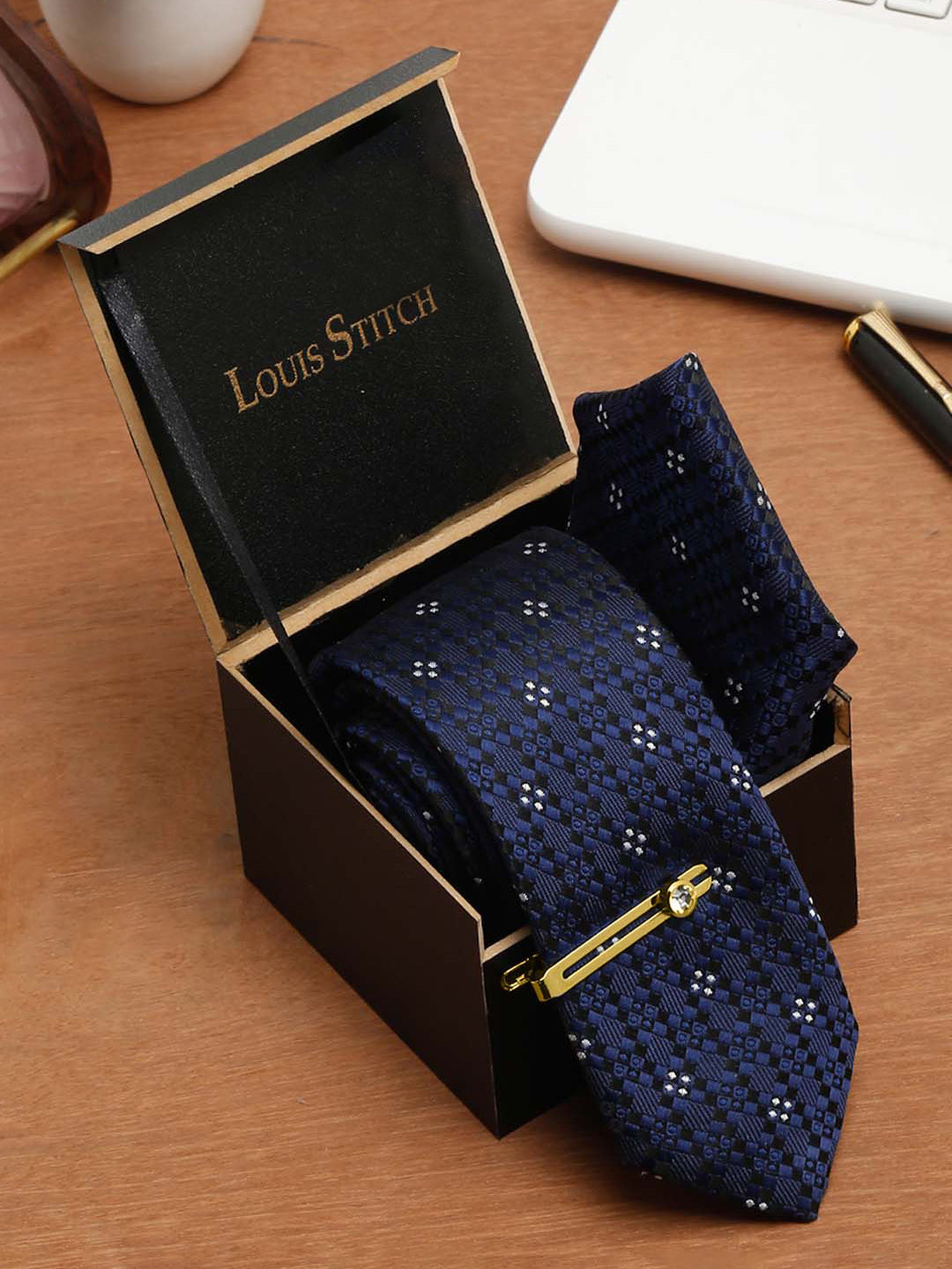 Denim Blue Italian Silk Necktie Set Pocket Square Golden Tiepin