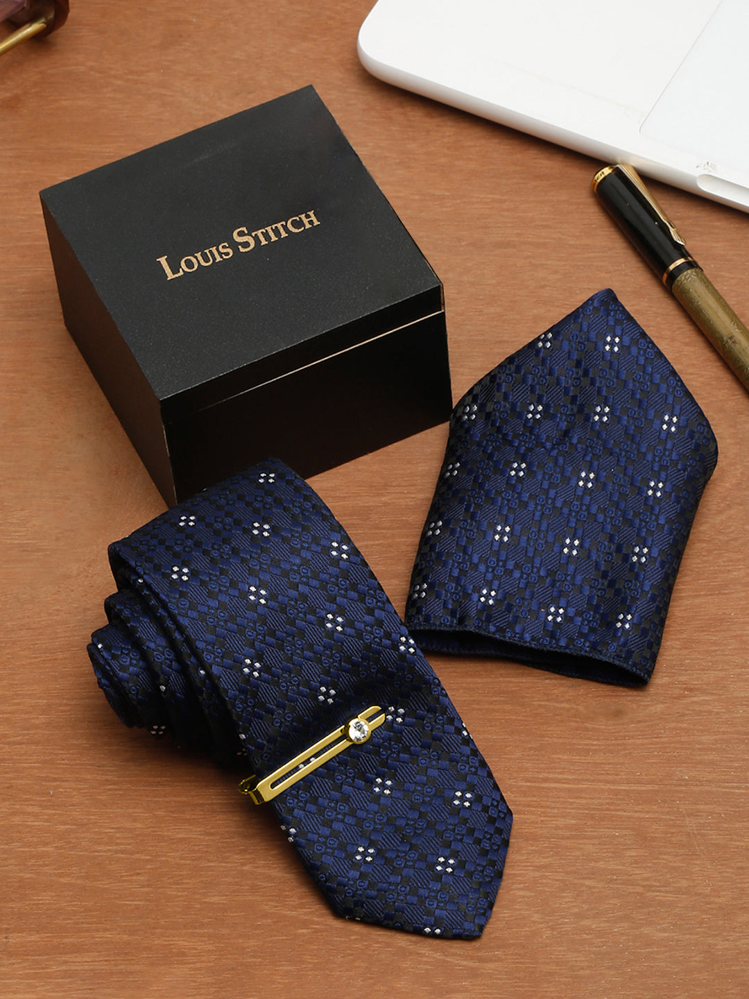 Denim Blue Italian Silk Necktie Set Pocket Square Golden Tiepin