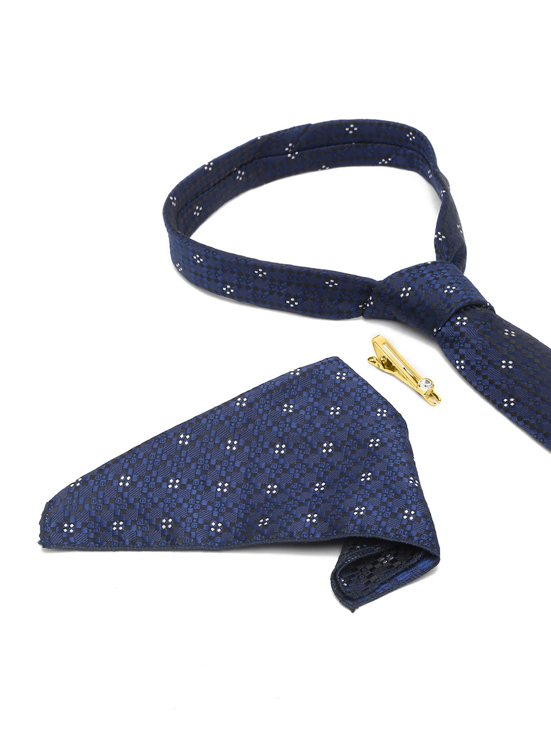 Denim Blue Italian Silk Necktie Set Pocket Square Golden Tiepin