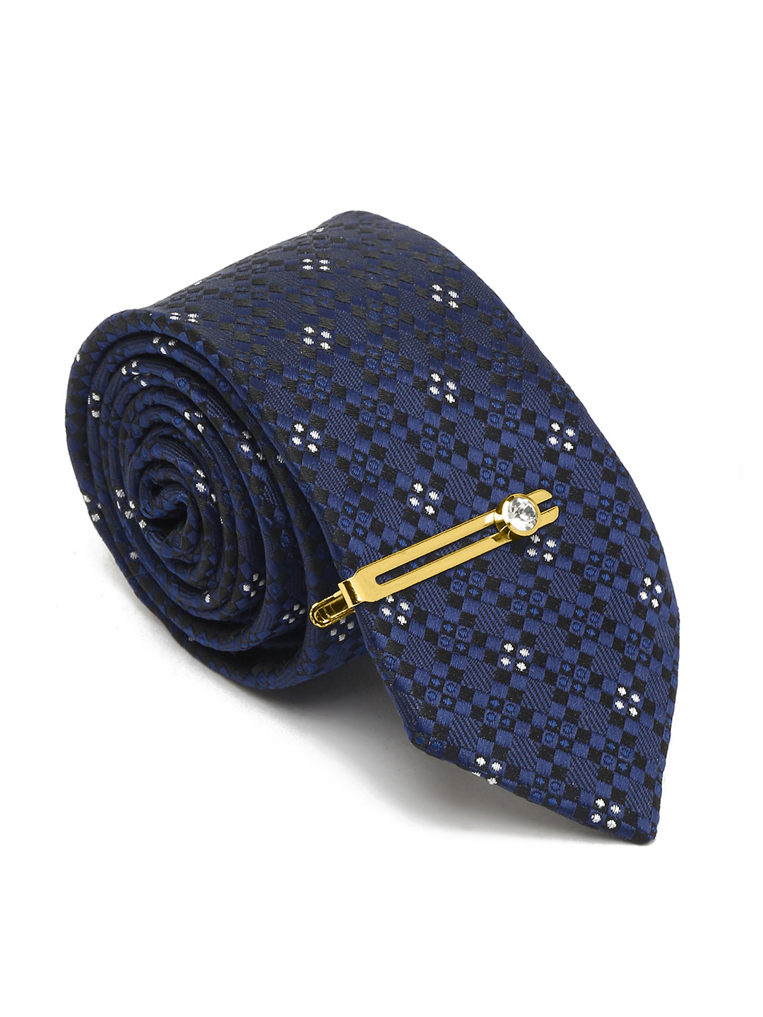 Denim Blue Italian Silk Necktie Set Pocket Square Golden Tiepin