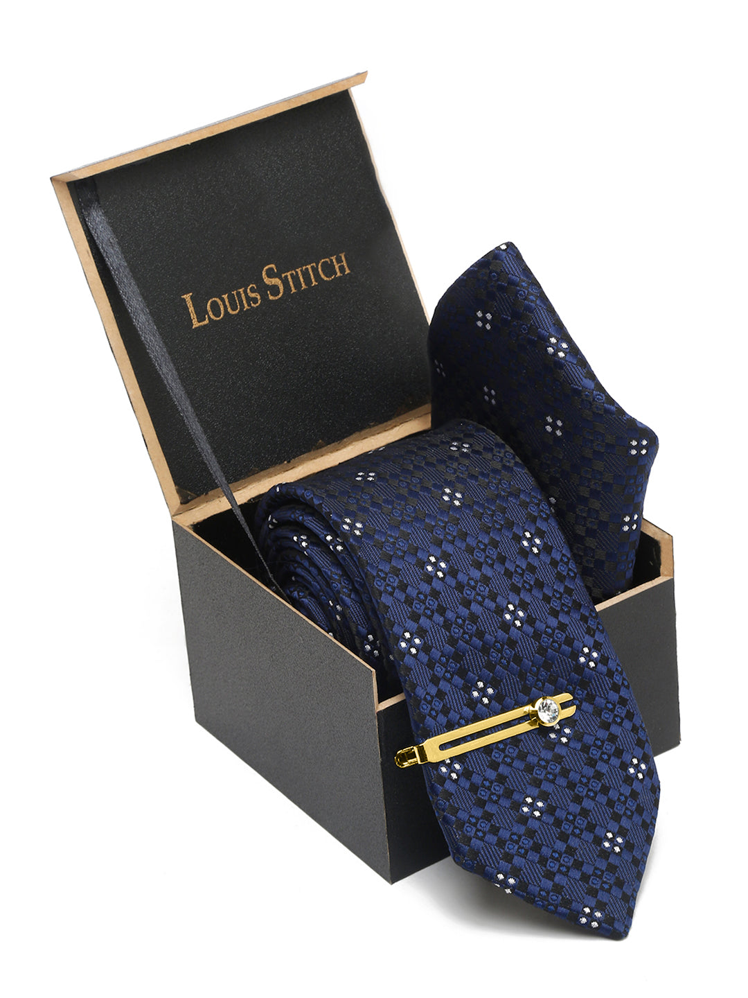 Denim Blue Italian Silk Necktie Set Pocket Square Golden Tiepin