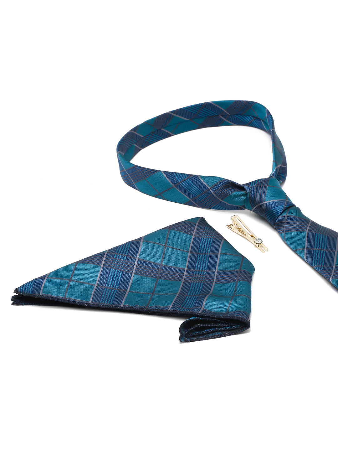 Checkered Blue Italian Silk Necktie Set Pocket Square Golden Tiepin