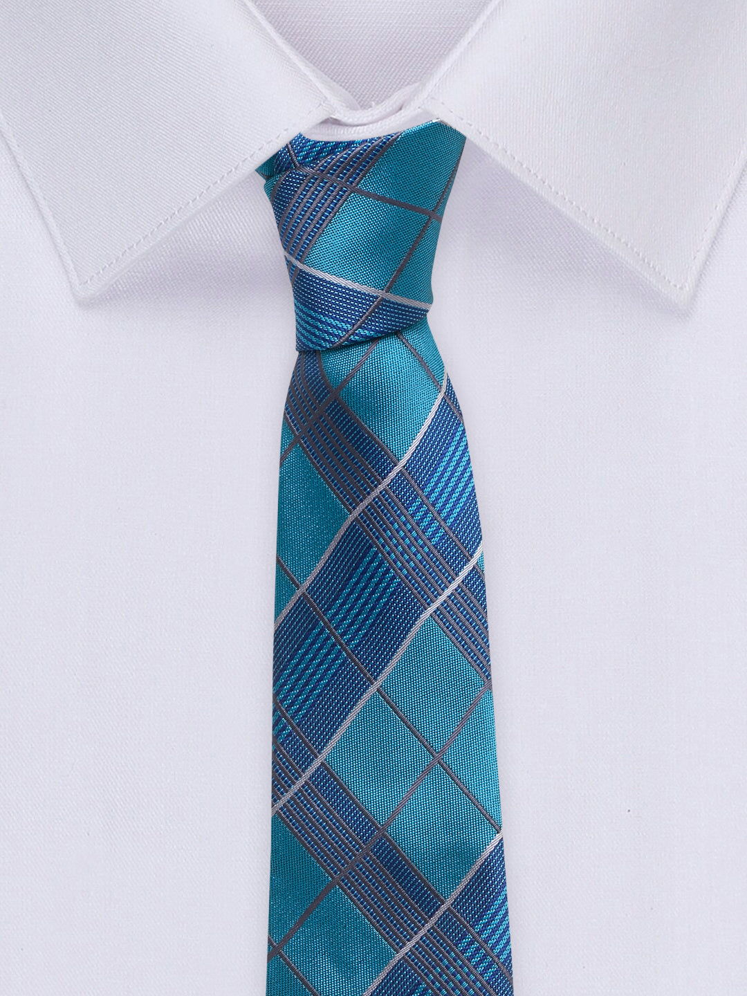 Checkered Blue Italian Silk Necktie Set Pocket Square Golden Tiepin