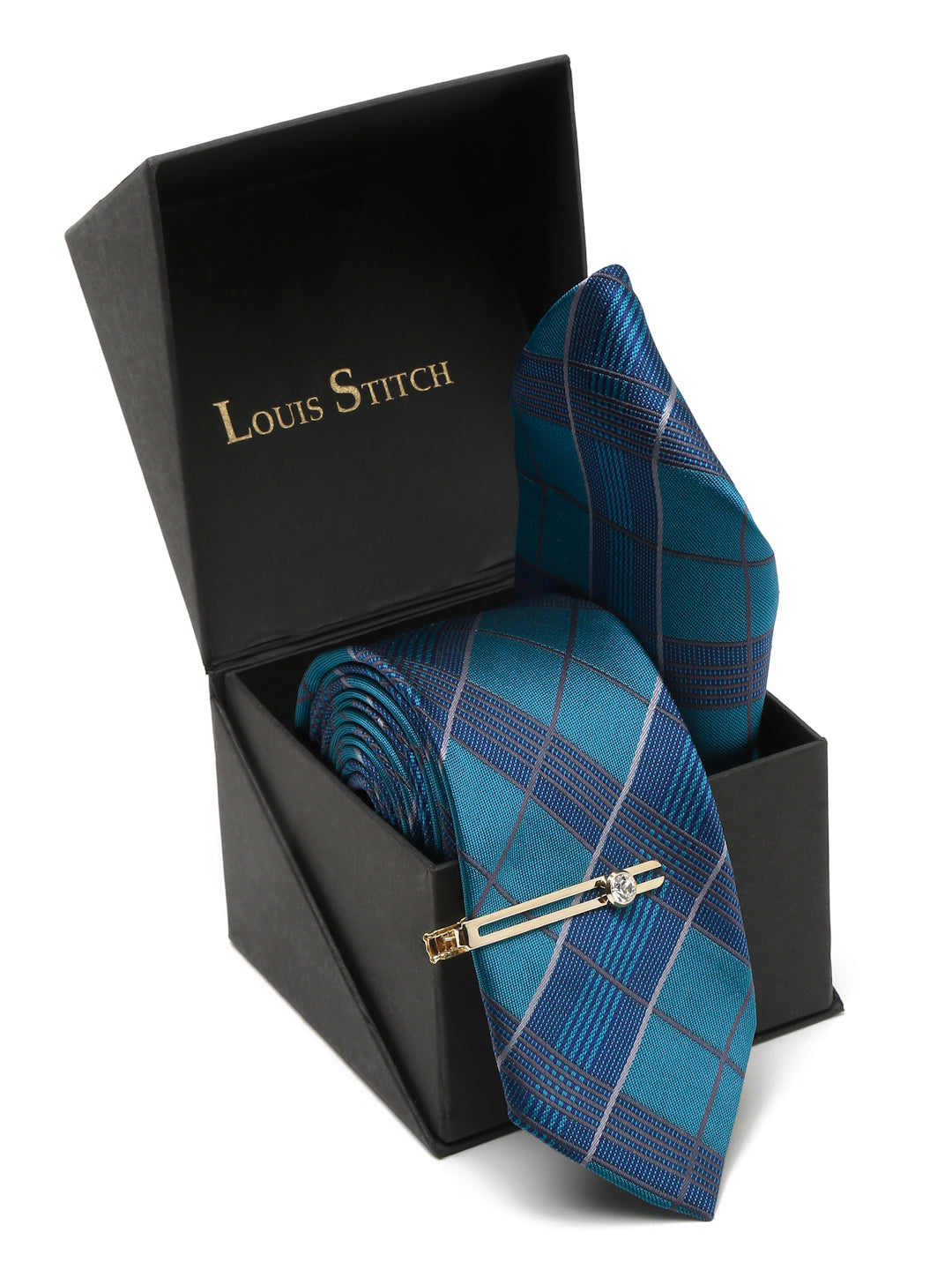 Checkered Blue Italian Silk Necktie Set Pocket Square Golden Tiepin