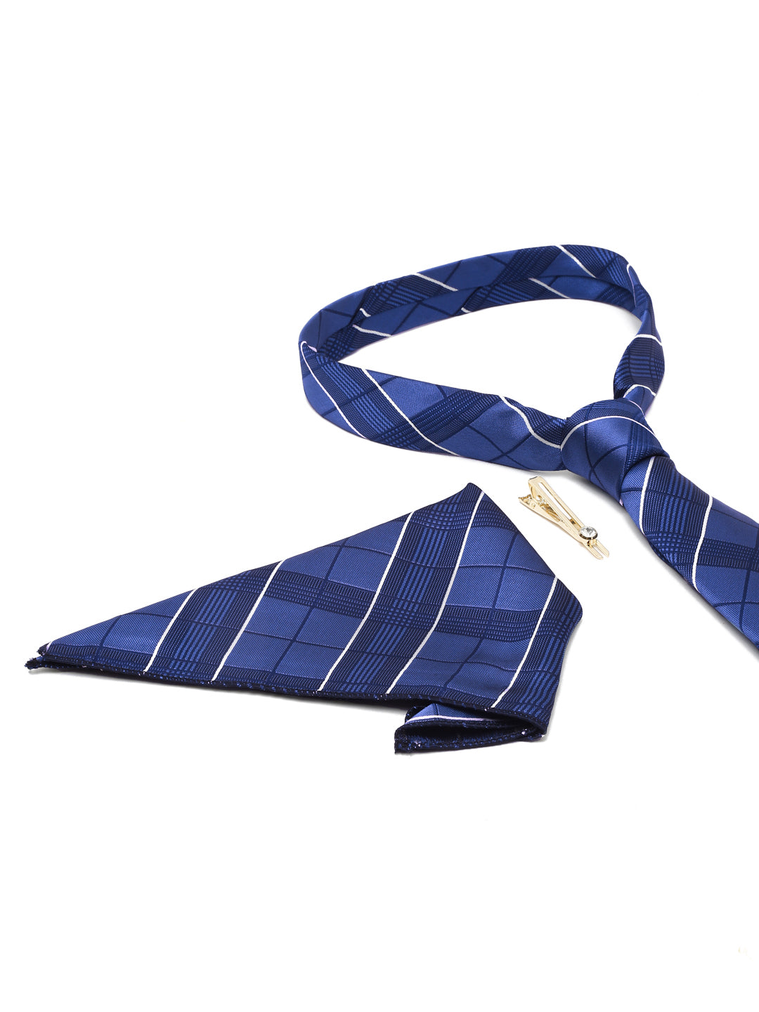 Checkered Blue Italian Silk Necktie Set Pocket Square Golden Tiepin