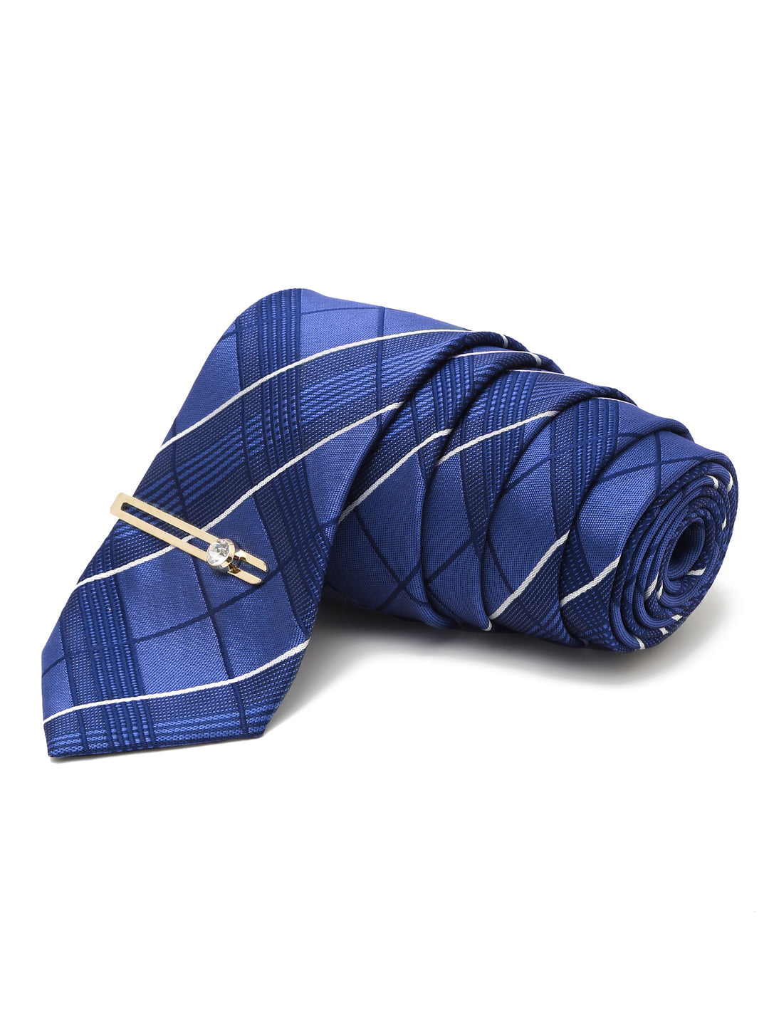 Checkered Blue Italian Silk Necktie Set Pocket Square Golden Tiepin