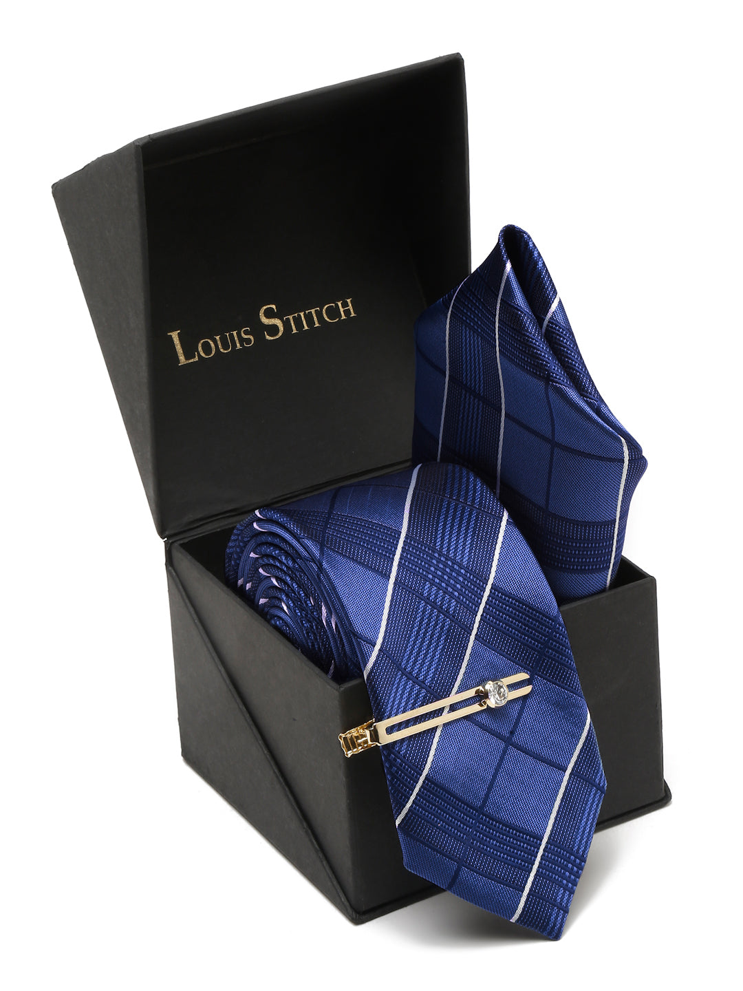 Checkered Blue Italian Silk Necktie Set Pocket Square Golden Tiepin