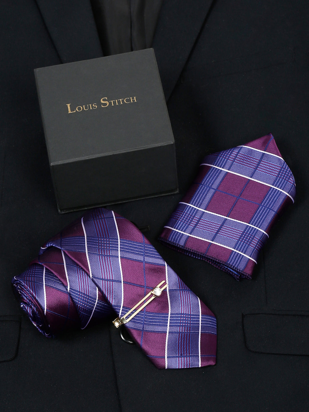 Checkered Blue Italian Silk Necktie Set Pocket Square Golden Tiepin