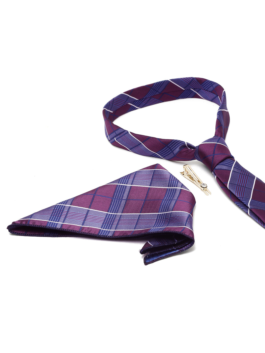 Checkered Blue Italian Silk Necktie Set Pocket Square Golden Tiepin