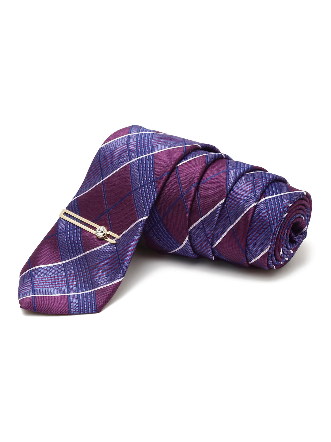 Checkered Blue Italian Silk Necktie Set Pocket Square Golden Tiepin