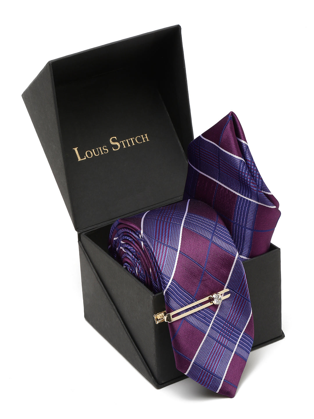 Checkered Blue Italian Silk Necktie Set Pocket Square Golden Tiepin