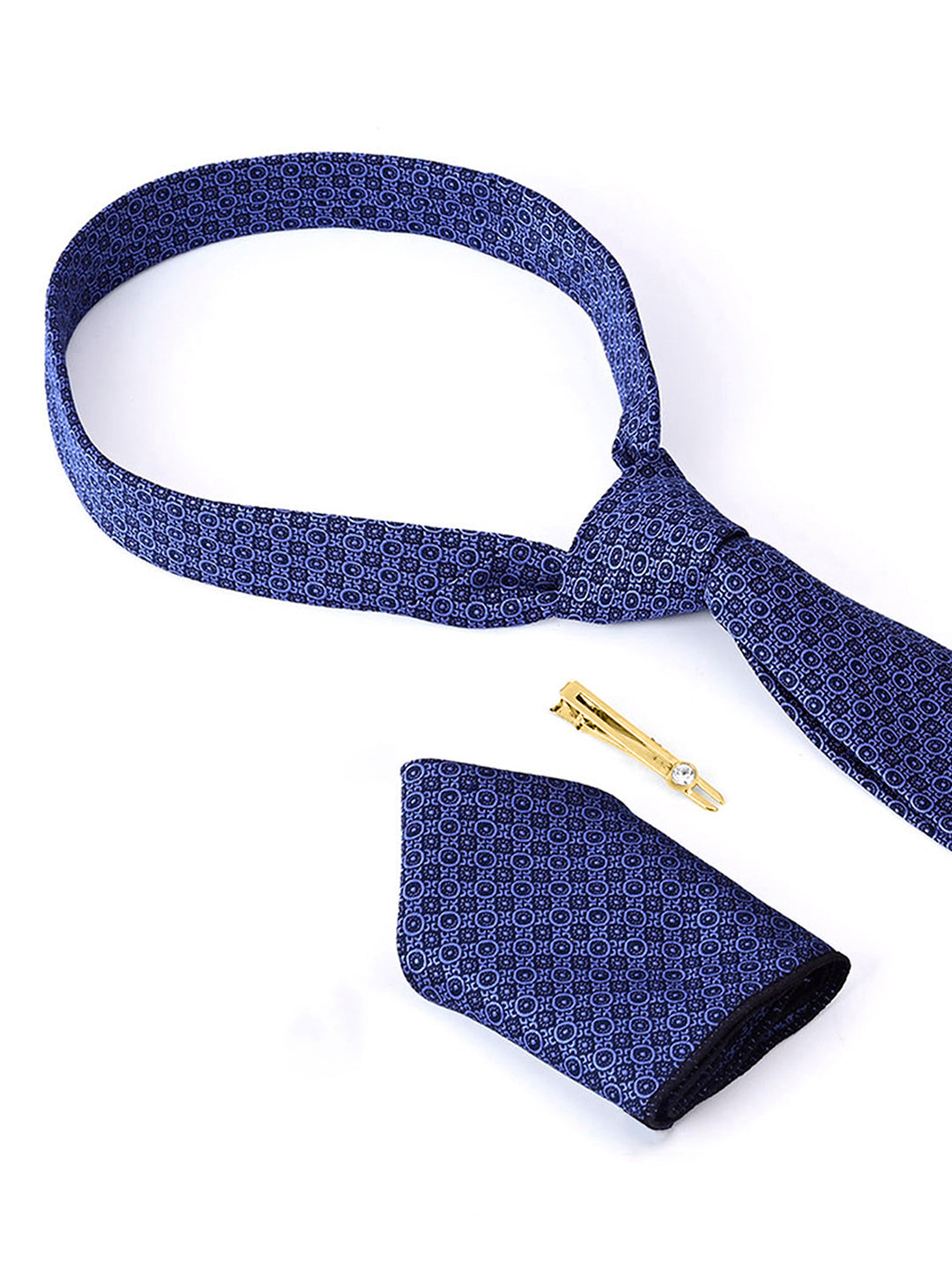 New York Blue Luxury Italian Silk Necktie Set Pocket Square Golden Tiepin