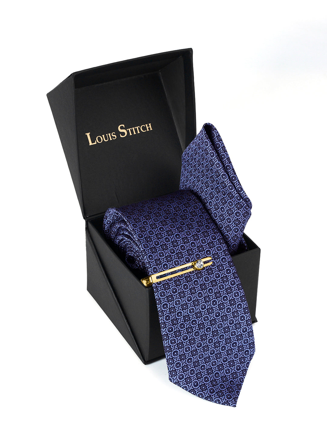 New York Blue Luxury Italian Silk Necktie Set Pocket Square Golden Tiepin