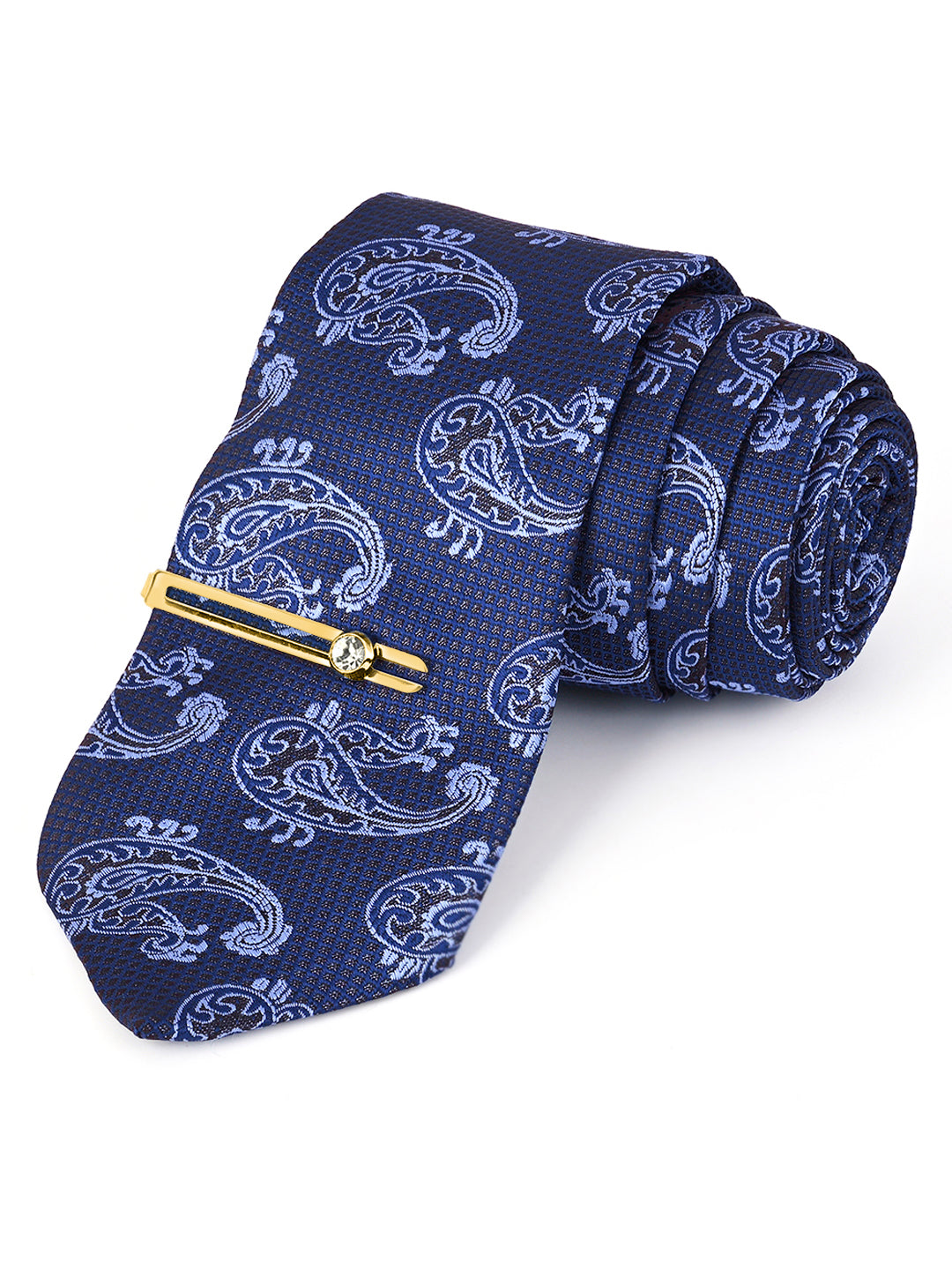 Navy Blue Luxury Italian Silk Necktie Set Pocket Square Golden Tiepin