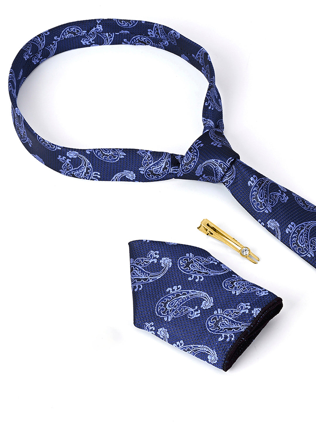 Navy Blue Luxury Italian Silk Necktie Set Pocket Square Golden Tiepin