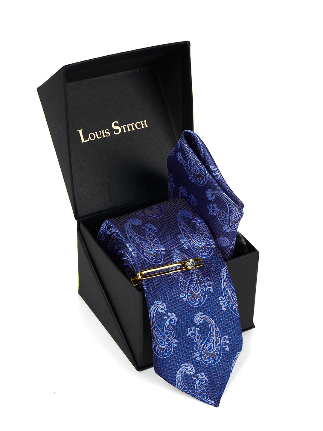 Navy Blue Luxury Italian Silk Necktie Set Pocket Square Golden Tiepin