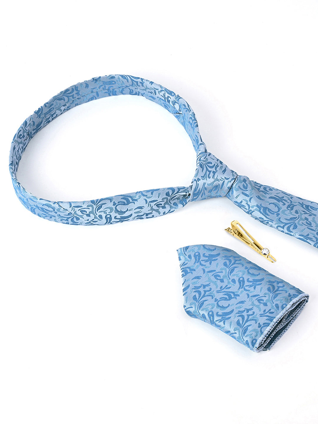 Arctic Blue Luxury Italian Silk Necktie Set Pocket Square Golden Tiepin