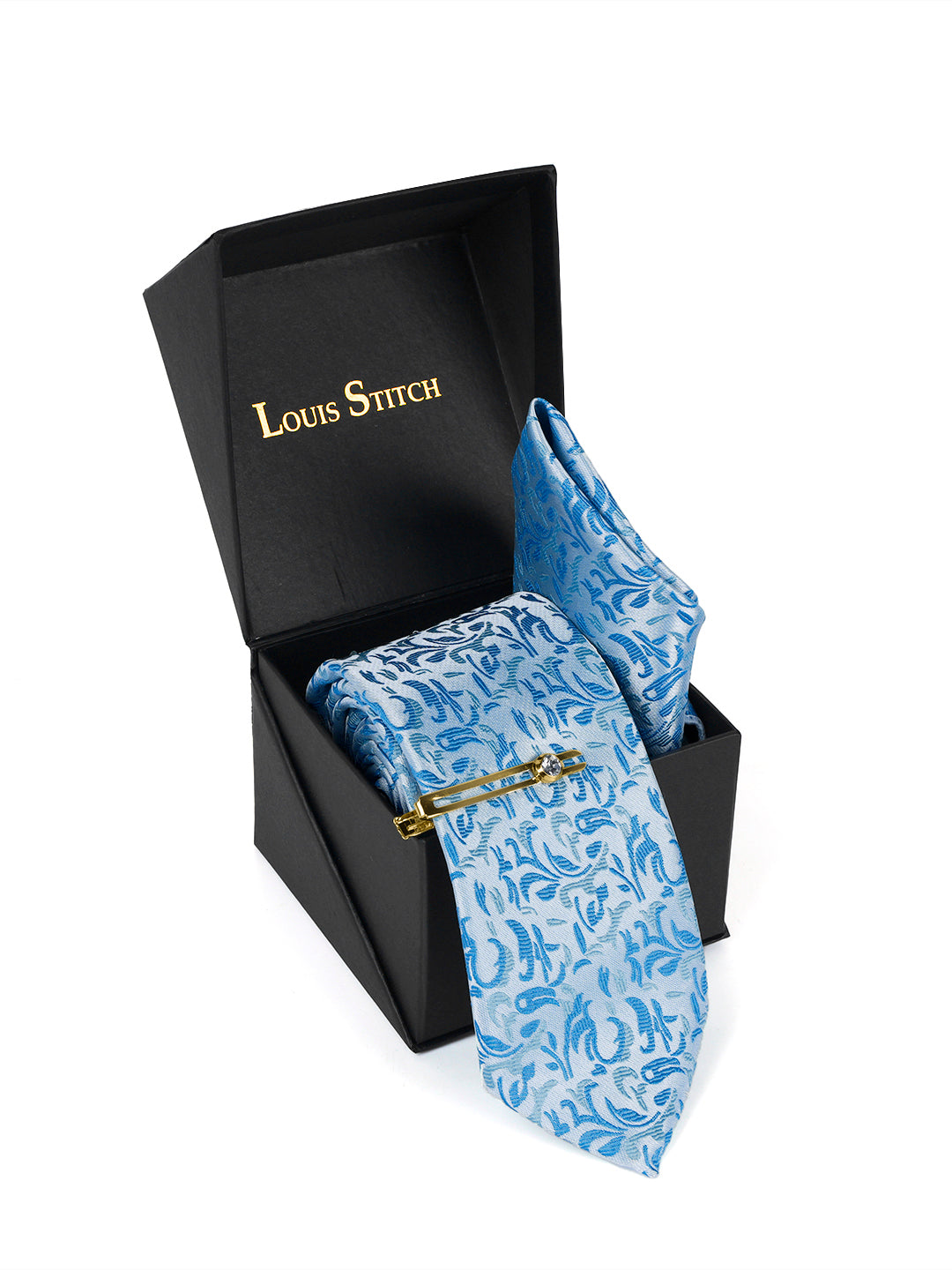 Arctic Blue Luxury Italian Silk Necktie Set Pocket Square Golden Tiepin
