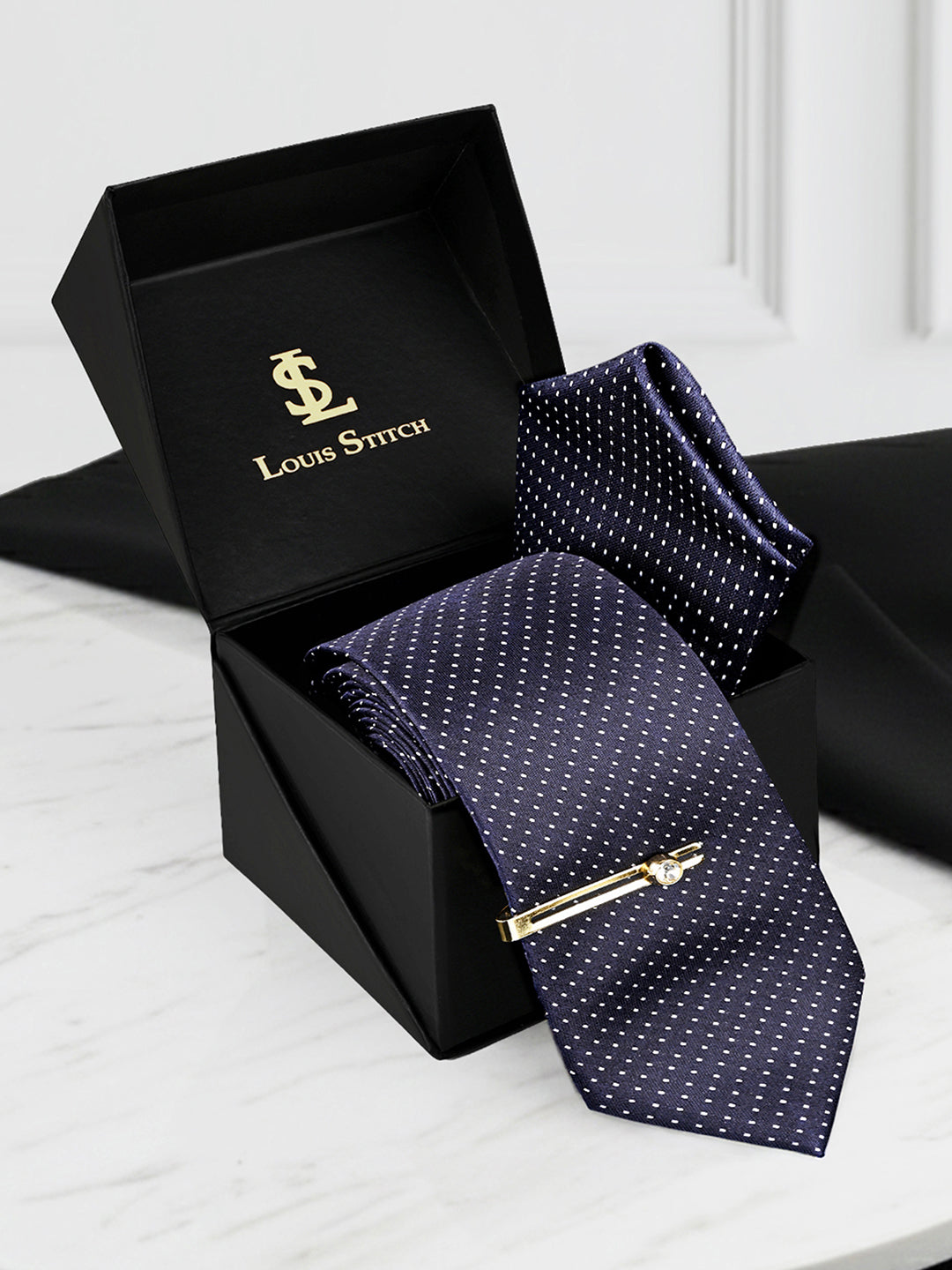Blue Luxury Polyster Micro Fabric Necktie Set Pocket Square Golden Tiepin