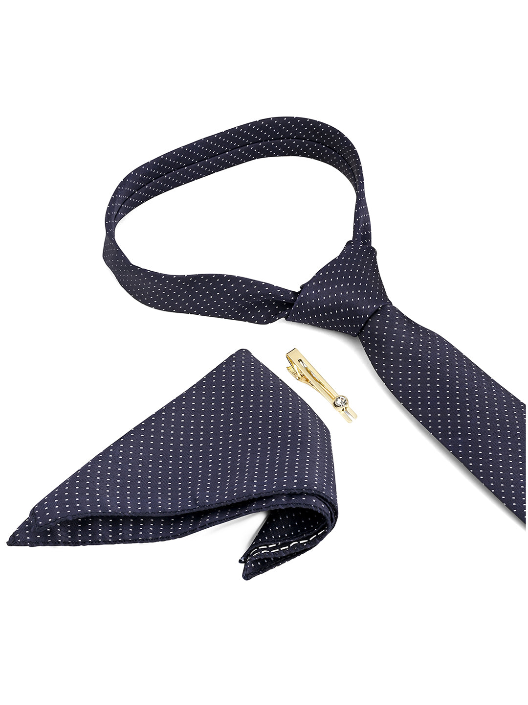 Blue Luxury Polyster Micro Fabric Necktie Set Pocket Square Golden Tiepin