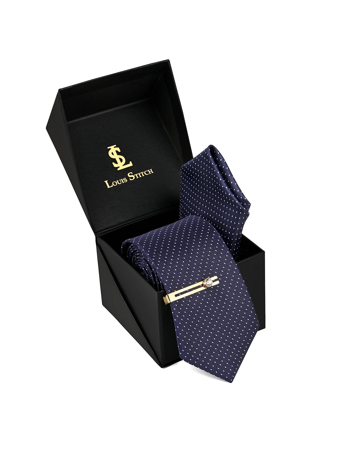 Blue Luxury Polyster Micro Fabric Necktie Set Pocket Square Golden Tiepin