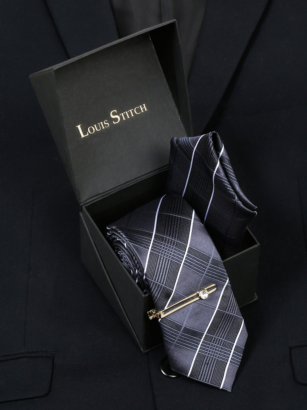 Dark Grey Checkered Italian Silk Necktie Set Pocket Square Golden Tiepin