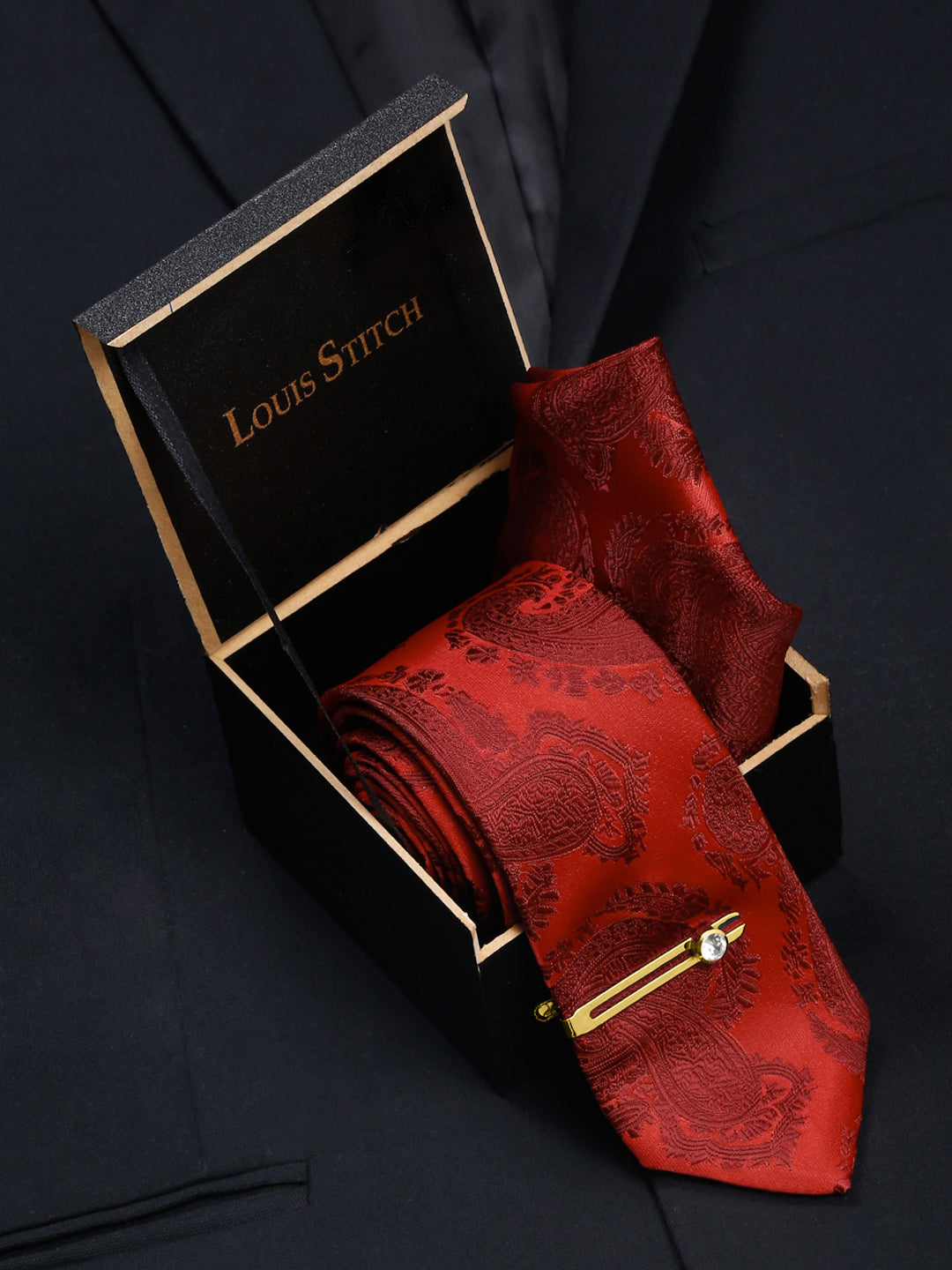 Scarlet Red Italian Silk Necktie Set Pocket Square Golden Tiepin