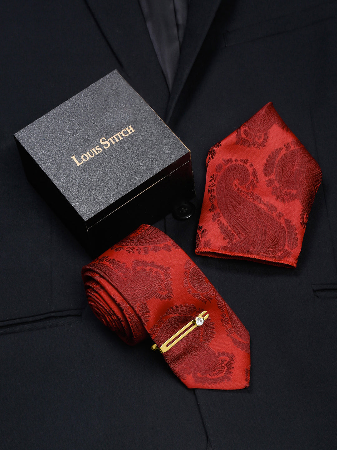 Scarlet Red Italian Silk Necktie Set Pocket Square Golden Tiepin