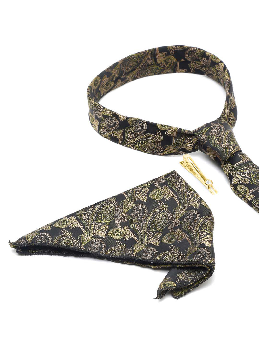 Seaweed Green Italian Silk Necktie Set Pocket Square Golden Tiepin