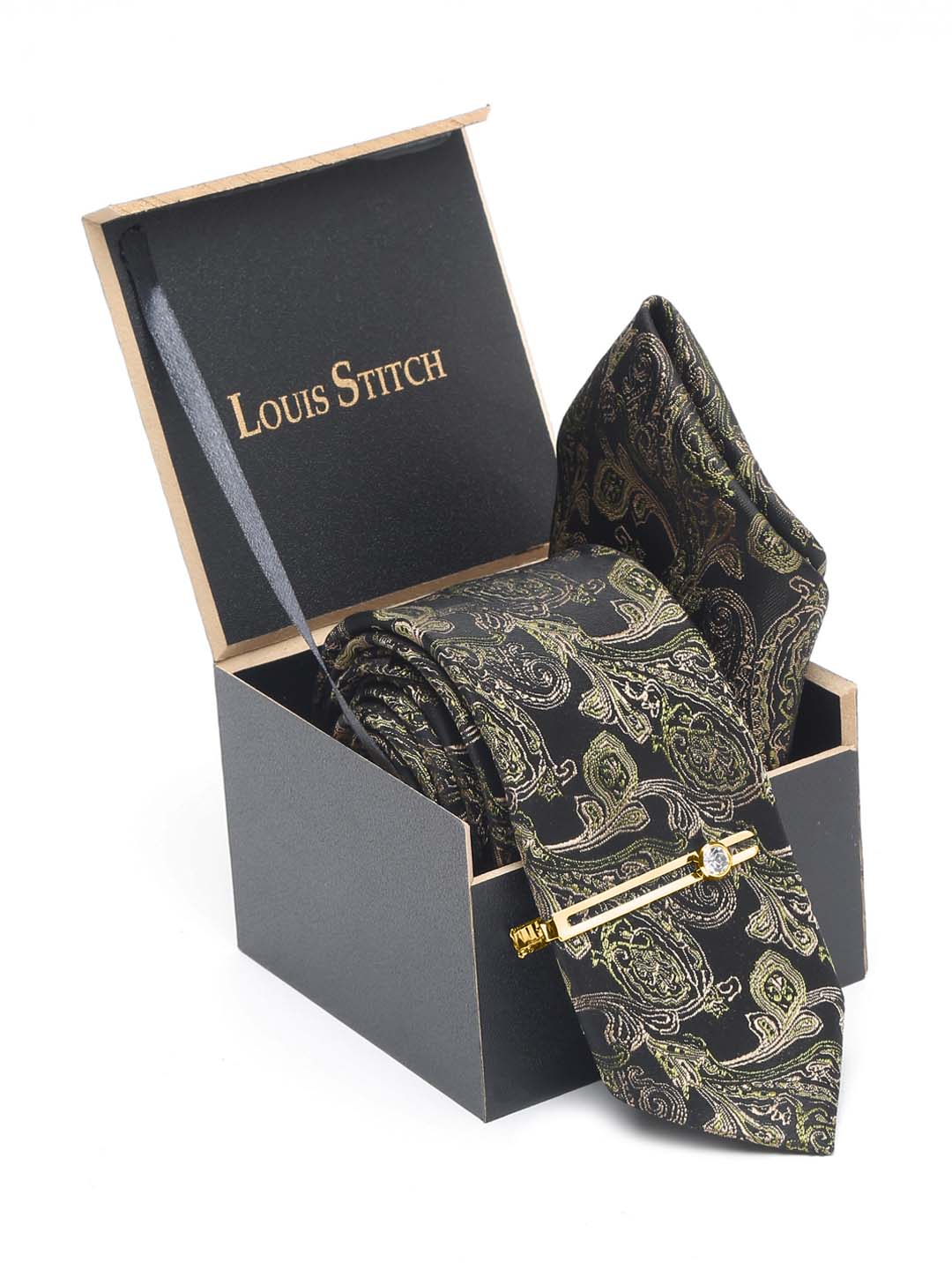 Seaweed Green Italian Silk Necktie Set Pocket Square Golden Tiepin