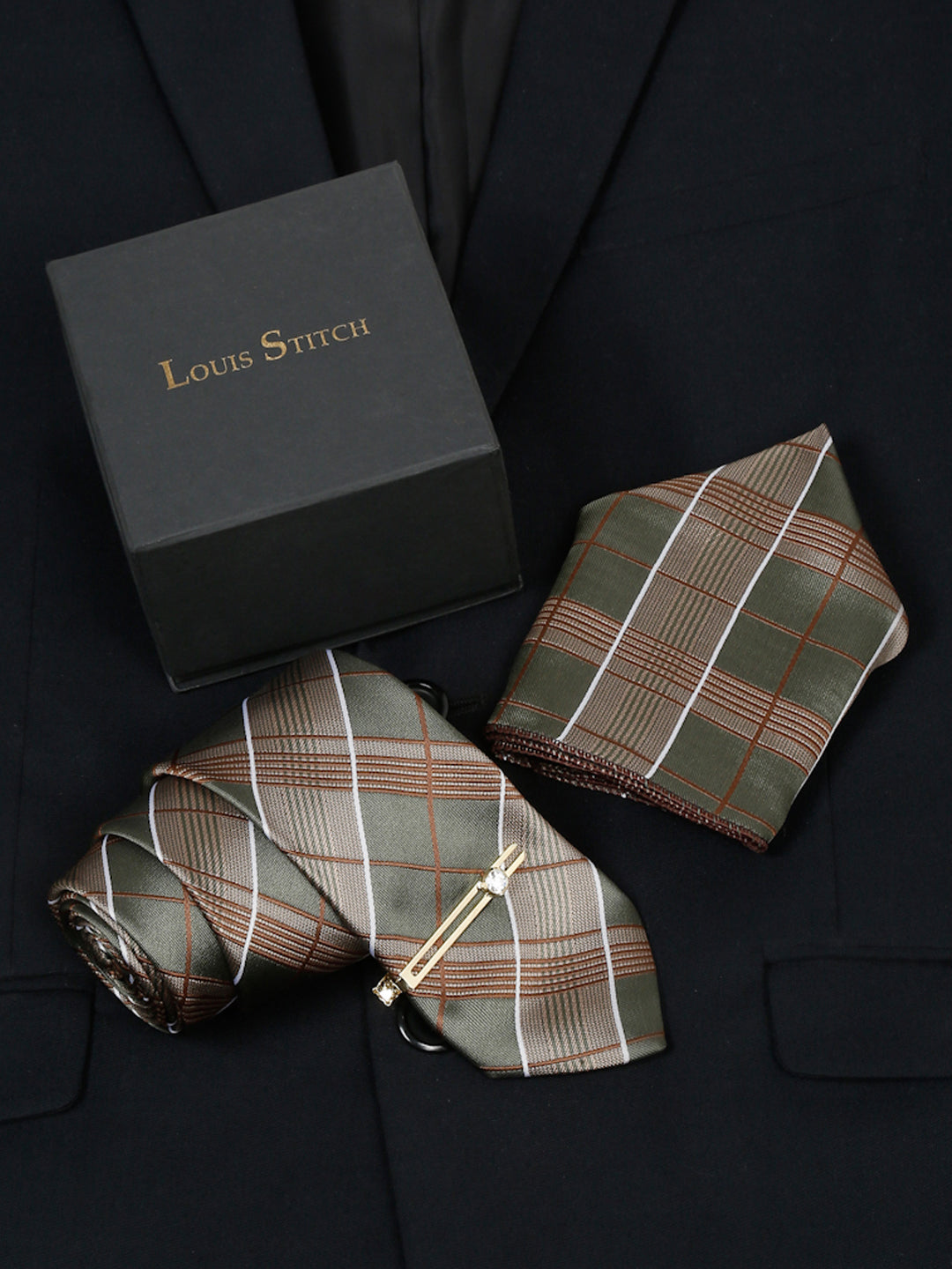 Checkered Green Italian Silk Necktie Set Pocket Square Golden Tiepin