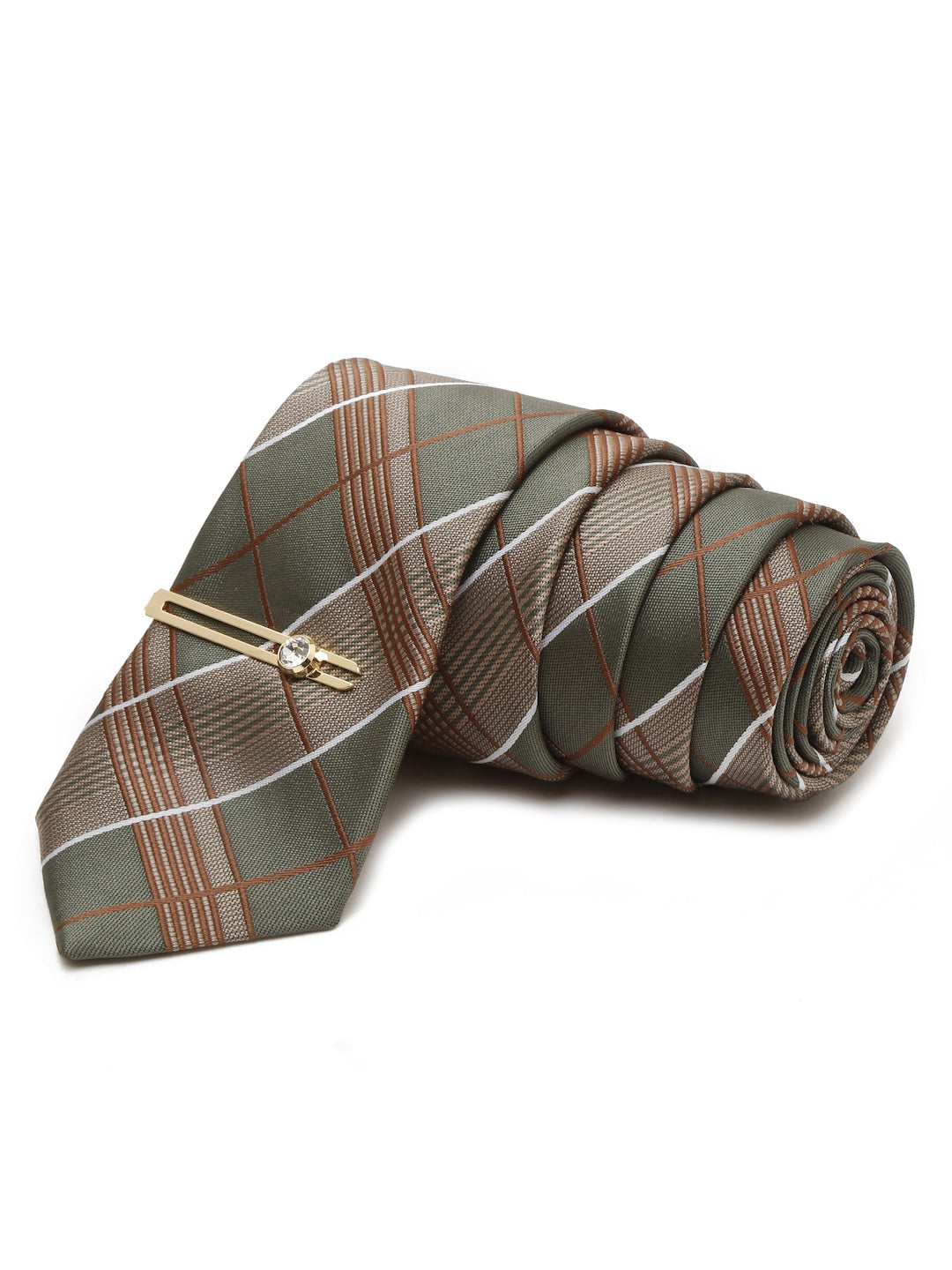 Checkered Green Italian Silk Necktie Set Pocket Square Golden Tiepin
