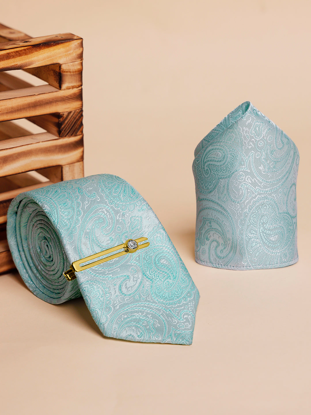 Lagoon Green Luxury Italian Silk Necktie Set Pocket Square Golden Tiepin