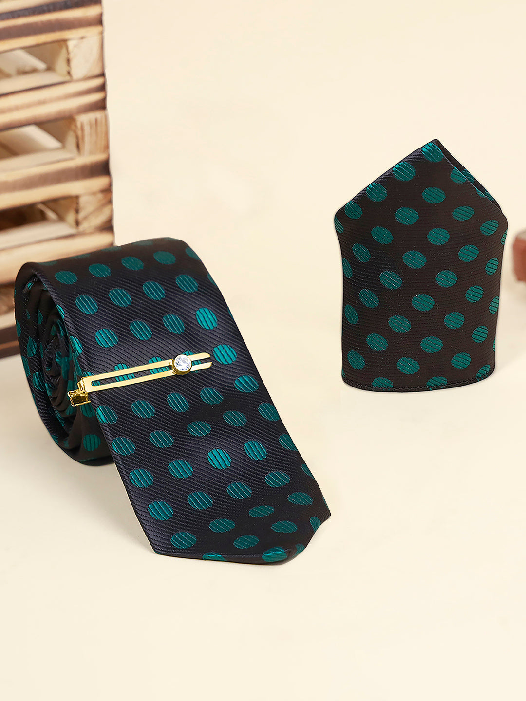 Dark Green Luxury Italian Silk Necktie Set Pocket Square Golden Tiepin